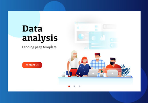 Data analysis, and office situations. Landing page template  for website. Vector illustration. People work in a team and interact with graphs. Business, workflow management. Characters design.