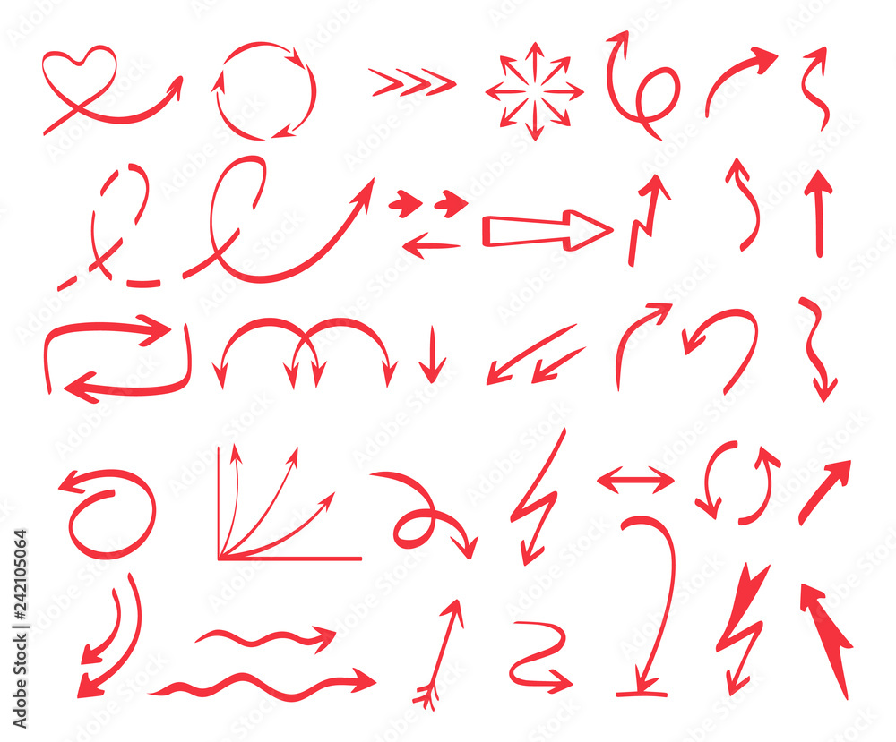 Poster curves arrows shapes. pen drawing colored arrows direction vector collection isolated on white. illu