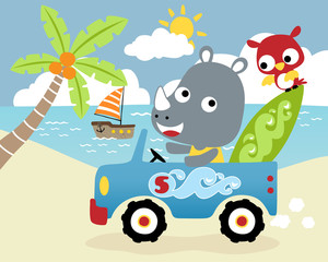 Vector illustration of Rhino with owl in car in the beach