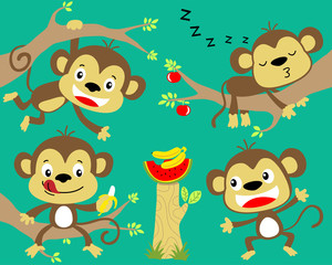 Obraz na płótnie Canvas Vector set of funny monkey in the jungle