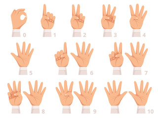 Fototapeta premium Hands gesture numbers. Human palm and fingers show different numbers vector cartoon illustration. Gesture human hand, gesturing different numbers