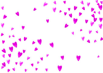Valentine background with pink glitter hearts. February 14th day. Vector confetti for valentine background template. Grunge hand drawn texture.