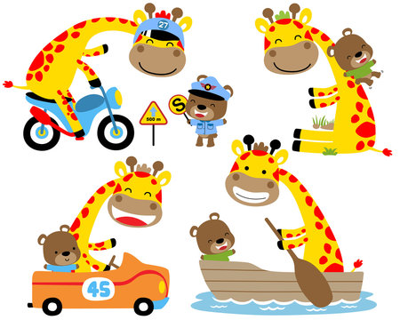 Vector set of yellow giraffe cartoon activities with little bear