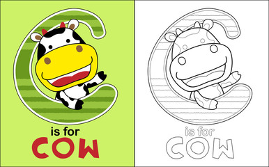 Vector illustration of coloring book with cow cartoon on alphabet