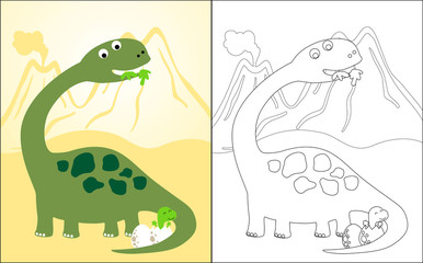 Vector illustration of coloring book with brontosaurus cartoon and his baby