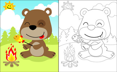 Vector illustration of coloring book with cute bear cartoon grilling fish on landscape background