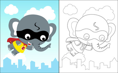Vector illustration of coloring book with little elephant cartoon the funny super hero