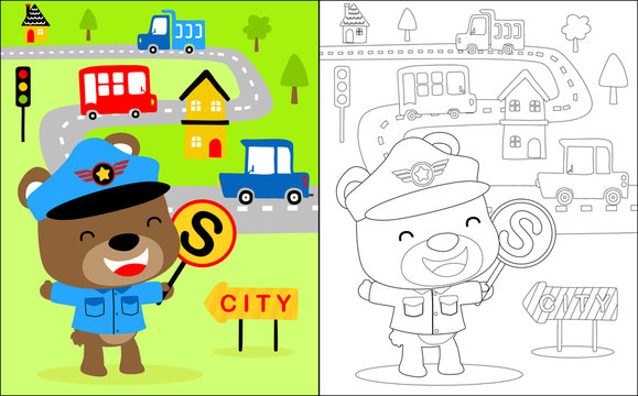 Vector illustration of coloring book with happy traffic cop cartoon