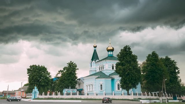 Belarus. St. John The Korma Convent Church In Korma Village, Dobrush District, Belarus. Famous Orthodox Church Against Background Of An Approaching Storm