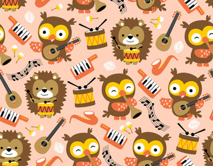 seamless pattern vector of musical instruments with cute animals cartoon