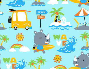 seamless pattern vector of surfing theme set cartoon. rhino the funny surfer.