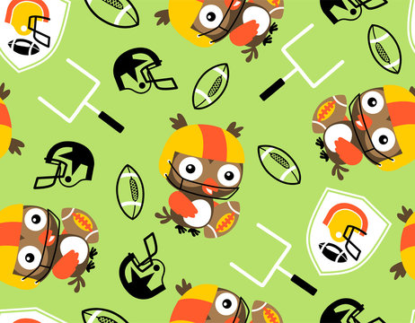 seamless pattern vector cartoon with owl the rugby player