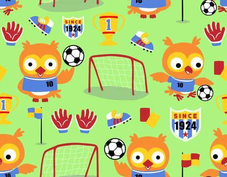seamless pattern vector of soccer theme set cartoon with cute owl 