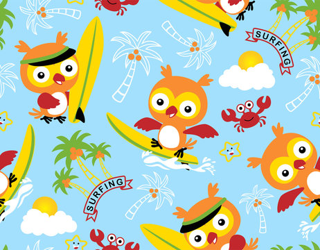 seamless pattern vector with cute owl, surfing theme set cartoon. © Bhonard21