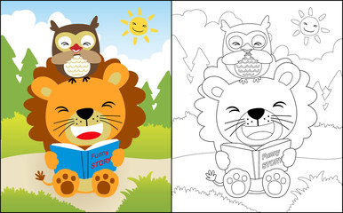 Coloring book or page with lion and owl cartoon reading funny book