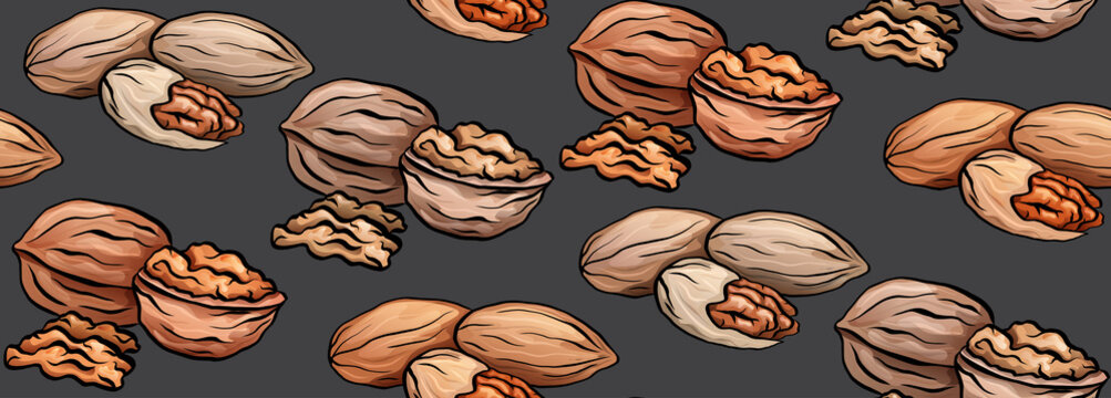 Seamless texture with colored cartoon nuts on gray background. Walnut and pecan. Vector pattern for wallpaper, fabrics, menus and your design.