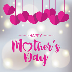 Happy Mother's Day lettering with heart shaped paper on golden soft bokeh lights, Vector Illustration