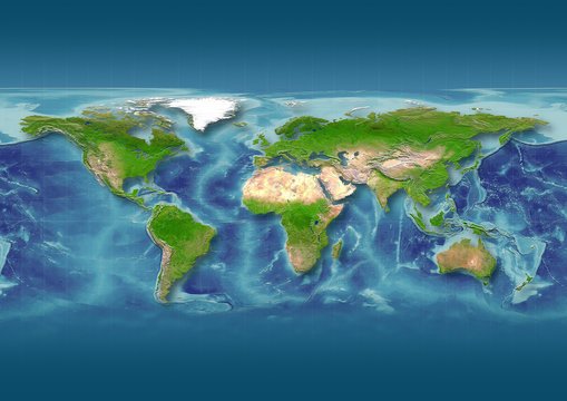 2D illustration of the map of the world in relief depiction with europe in the centre, versions including borders and meridians