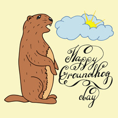 Groundhog Day color cartoon illustration with handwritten lettering. Sketched holiday design set with marmot.
