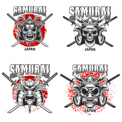 Fototapeta premium Emblem template with samurai helmet and crossed katanas on grunge background. Design element for logo, label, sign, poster, t shirt.