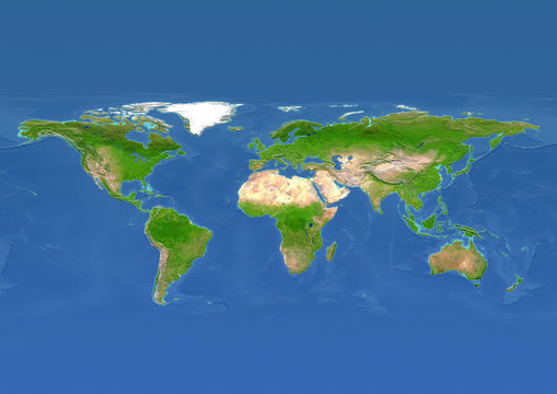 2D illustration of the map of the world in relief depiction with europe in the centre, versions including borders and meridians