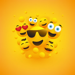 Various Smiling Happy Yellow Emoticons in Front of a Smartphone Screen, Vector Concept Illustration 