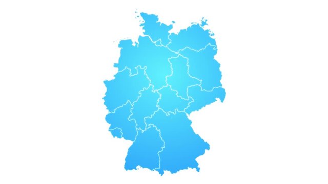 Germany Map Showing Up Intro With New Regions/ 4k animated germany map intro background with new administrative regions appearing and fading one by one and camera movement