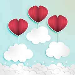 Fototapeta na wymiar Paper art of Valentine Day Festival with Paper Balloon Heart Shape and Blank Paper Cloud Shape on The Sky Background vector