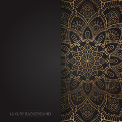 Gold vintage greeting card on a black background. Luxury vector ornament template. Mandala. Great for invitation,