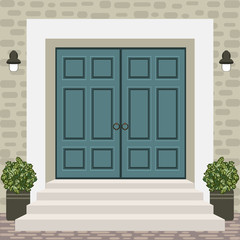 House door front with doorstep and steps, lamp, flowers in pots, building entry facade, exterior entrance with brick wall design illustration vector in flat style