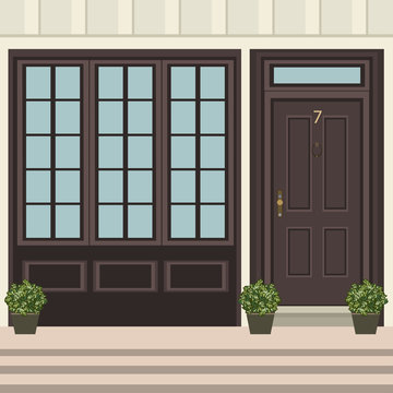 House door front with doorstep and  steps, window, flowers in pot, building entry facade, exterior entrance design illustration vector in flat style