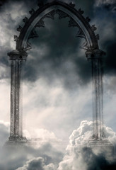 mystical spiritual gate in mystic cloudy sky with stars and light like angel divine Paradise...
