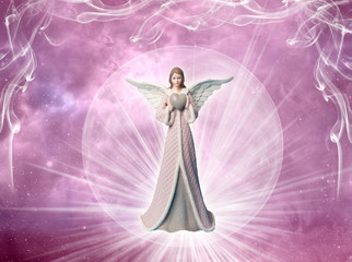 angel of love archangel with heart and rays of light over pink mystical background 