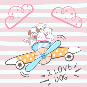 Cartoon dog characters. Airplane illustration.