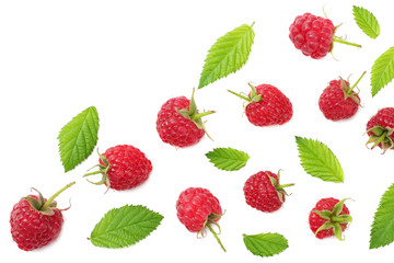 ripe raspberries with green leaf isolated on white background. top view