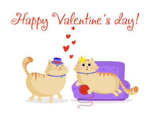 Happy valentines postcard with cute cartoon couple of cats in love.