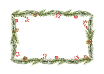 Watercolor vector Christmas banner with green fir branches and gift.