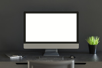 Display with keyboard and mouse on desk. Website mockup 3D illustration.