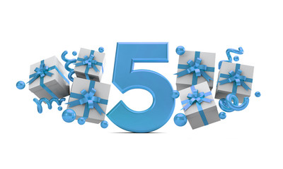 Number 5 blue birthday celebration number with gift boxes. 3D Rendering