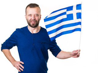 Man with greek waving flag, on white