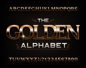Naklejka premium Golden alphabet font. Serif gold effect letters, numbers and symbols. Stock vector typescript for your design.