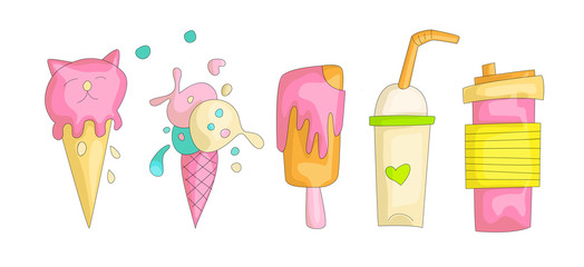 Cute funny Girl teenager colored icon set, fashion cute teen and princess icons. Magic fun cute girls objects - ice cream, cocktails and lollipops hand draw teens icon collection.