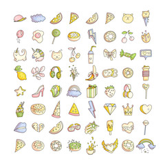 Cute funny Girl teenager colored icon set, fashion cute teen and princess icons - pizza, unicorn, cat, lollypop, fruits and other hand draw line teens icon collection. Magic fun cute girls objects