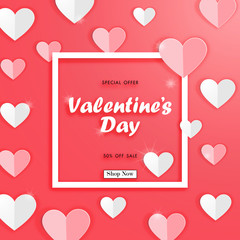 Valentine's day sale background with paper art of origami heart shape, vector illustration template, banners, Wallpaper, invitation, posters, brochure, voucher discount.