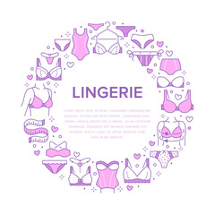 Lingerie circle poster with flat line icons of bra types, panties. Woman underwear background, vector illustration of brassiere, bikini, swimwear. Pink white concept for clothing store brochure