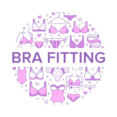 Lingerie circle poster with flat line icons of bras types, panties. Woman underwear background, vector illustration of brassiere, bikini, swimwear. Cute pink white concept for bra fitting brochure