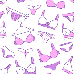 Lingerie seamless pattern with flat line icons of bra types, panties. Woman underwear background, vector illustrations of brassiere, bikini, swimwear. Cute pink white wallpaper for clothes store