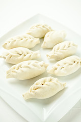Fototapeta na wymiar Asian meat dumplings on a white plate. Selective focus.
