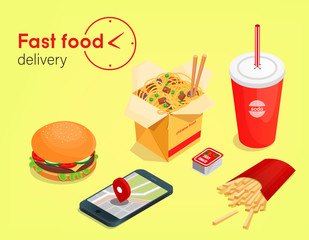 Vector image of fast food in isometric. Fast food delivery.