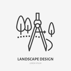 Landscape design flat line icon. Vector thin sign of landscaping, engineering logo. Illustration of trees and compass